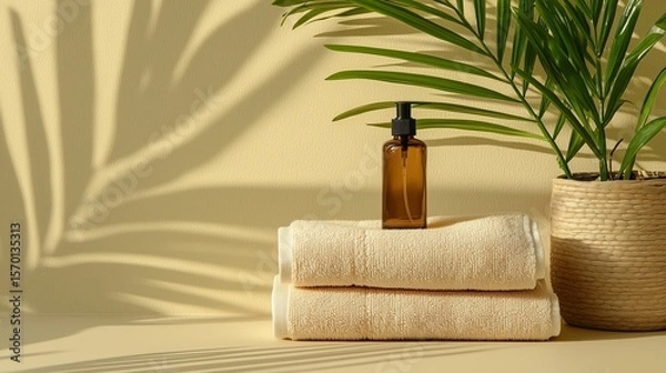 Fototapeta Relaxing spa setting featuring towels and natural elements for a rejuvenating experience