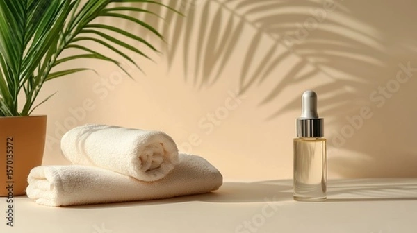 Fototapeta Spa setup with oil, towels, and plant under soft light for relaxation and self-care