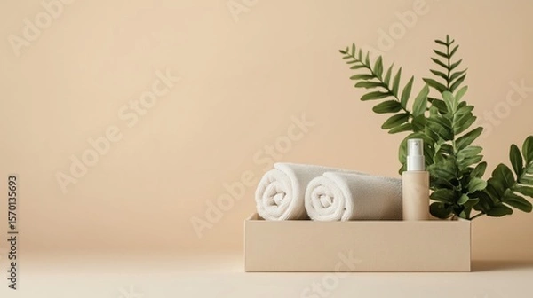 Fototapeta Spa accessories arranged for a relaxing home wellness experience with towels, a spray bottle, and greenery on a neutral background