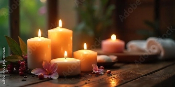 Fototapeta Aromatic Candles Create a Warm, Inviting Glow on Wooden Table, Perfect for Relaxation, Spa Treatments, and Serene Atmosphere. Firelight Ambiance, Cozy Home Decor.
