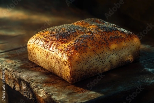 Fototapeta A rustic loaf of poppy seed bread sits on a dark wooden surface, bathed in warm sunlight.