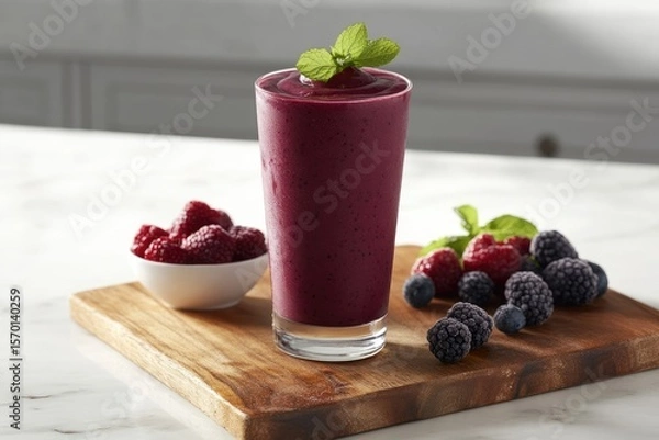 Fototapeta Refreshing berry smoothie in a tall glass, garnished with mint, accompanied by fresh raspberries and blackberries.