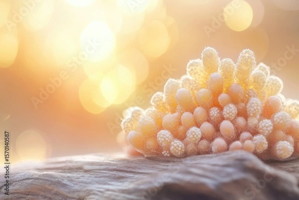 Fototapeta A cluster of delicate, pale orange insect eggs rests on weathered wood, bathed in warm sunlight.
