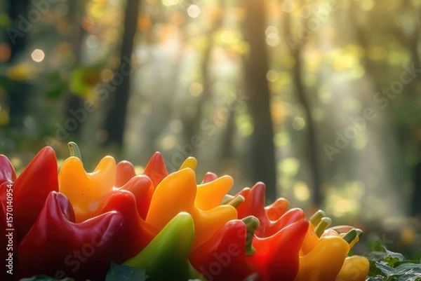 Fototapeta A cluster of vibrant red, orange, and yellow mini bell peppers sits in a sun-dappled forest.