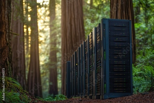 Fototapeta Rows of servers stand in a redwood forest, showcasing sustainable data centers powered by renewable energy.