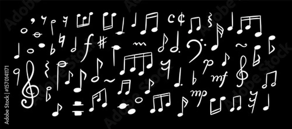 Fototapeta Music school blackboard. Handwriting musical notes, keys and symbols. Childish white crayon scribbles on the chalkboard. Hand drawn conservatory background. Piano concert poste