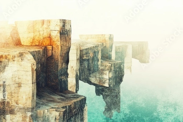 Fototapeta Abstract, surreal landscape of stone cliffs floating above a misty, turquoise sea.