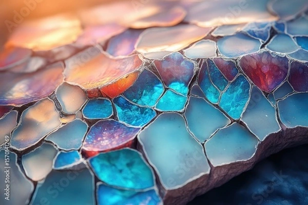 Fototapeta Iridescent mosaic, vibrant colors, close-up view, intricate detail, gemstone-like texture, artistic arrangement.