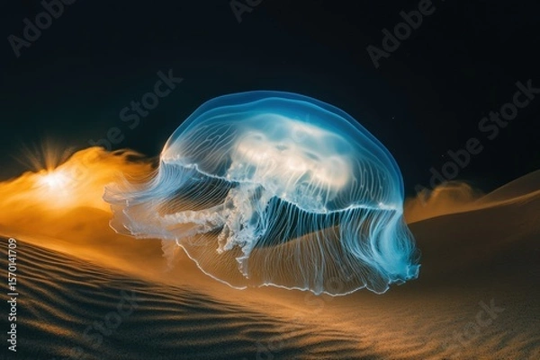 Fototapeta A bioluminescent jellyfish seemingly floats over a desert landscape at sunset, a surreal and captivating scene.