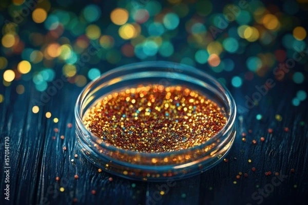 Fototapeta Sparkling golden glitter in a glass dish against a bokeh background.