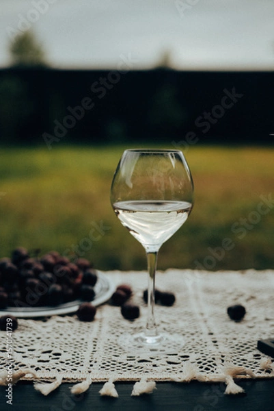 Fototapeta A glass of white wine and a plate of cherries on a table outside on a sunny day. A refreshing glass of white wine alongside a plate of ripe cherries on a table outdoors, ready for enjoyment.