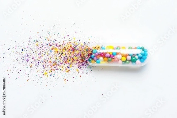 Fototapeta A colorful capsule bursts open, releasing a vibrant powder cloud.  A burst of medicine or confectionery.