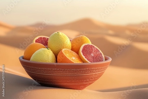 Fototapeta A terracotta bowl filled with juicy oranges, grapefruits, and lemons sits in a desert landscape.