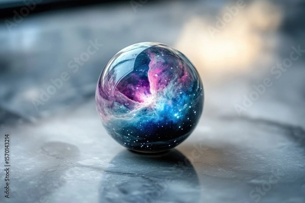 Fototapeta A glass sphere encapsulates a vibrant nebula, mirroring the cosmos within a miniature universe.