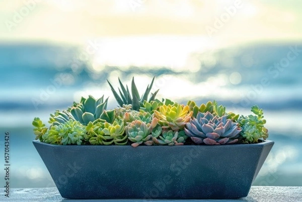Fototapeta A vibrant arrangement of succulents in a sleek grey planter, set against a sun-drenched ocean backdrop.