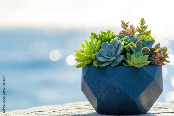 Fototapeta A vibrant arrangement of succulents in a geometric blue pot, set against a serene ocean backdrop.