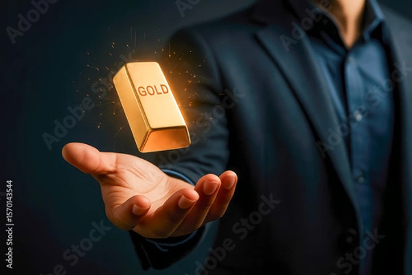 Fototapeta Close-up of a businessman holding a gleaming gold bar symbolizing wealth and investment