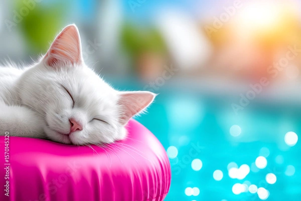 Fototapeta White cat peacefully sleeping on a vibrant pink float, surrounded by a sparkling blue pool, capturing a serene summer atmosphere with soft sunlight illuminating the scene and creating a tranquil vibe