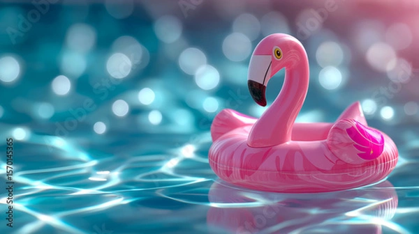 Fototapeta Bright pink flamingo pool float is floating on clear water, reflecting light and creating a serene ambiance, surrounded by soft bokeh effects, evoking a fun and relaxing summer vibe