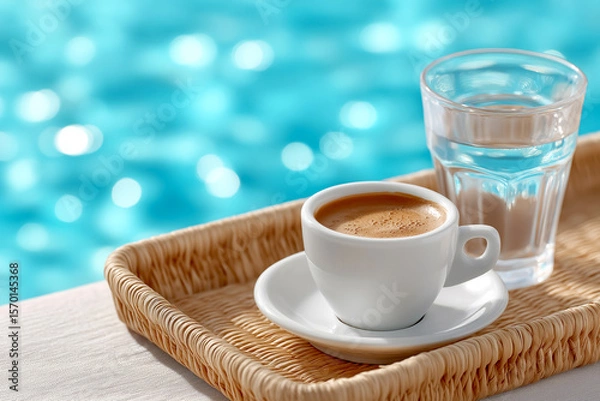 Fototapeta Freshly brewed espresso served in a white cup alongside a glass of water on a woven tray, with a shimmering blue pool in the background creating a relaxing atmosphere for leisure