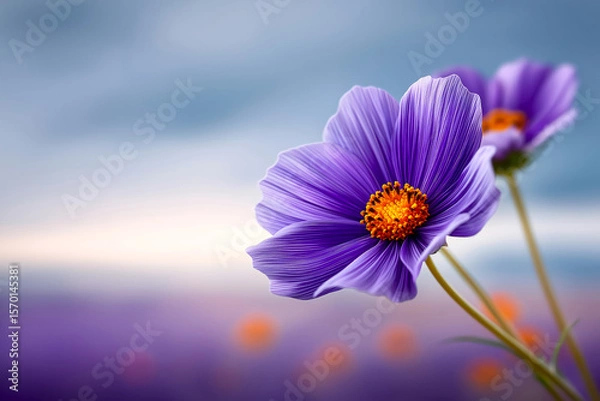 Fototapeta Vibrant purple flowers with intricate petals and bright orange centers, gently swaying in a soft breeze against a blurred background of pastel colors, serene and tranquil atmosphere in nature