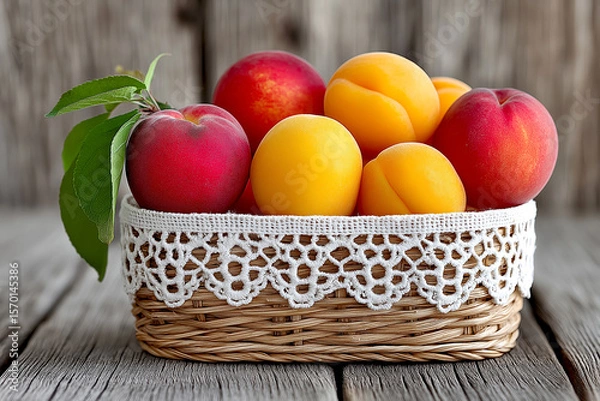 Fototapeta Freshly harvested peaches and apricots arranged in a rustic woven basket with delicate lace trim, placed on a weathered wooden surface, showcasing vibrant colors and natural textures of summer fruits
