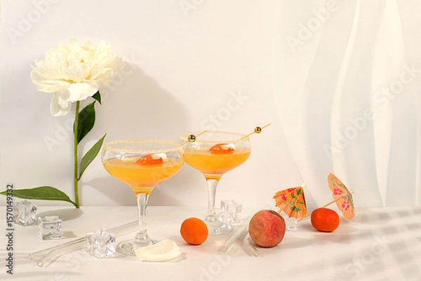 Fototapeta Iced punch with apricots for party,Modern still life with summer alcoholic cocktail and peonies on modern sunny background, minimalist concept for bar cafe, advertising banner