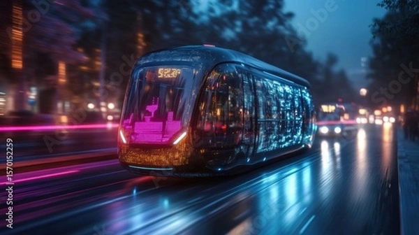Fototapeta Autonomous public transport with AI 5G network