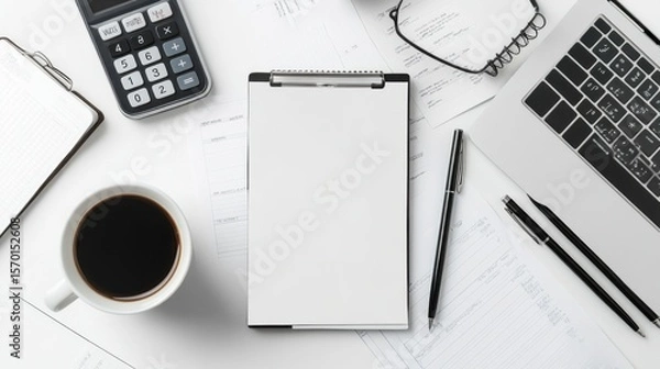 Fototapeta Budget flat lay with laptop notebook calculator smartphone coffee cup glasses and financial statement reports on blush pink to sky blue gradient pastel background
