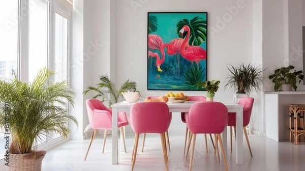Fototapeta Stylish dining room with pink chairs and flamingo artwork in modern white interior