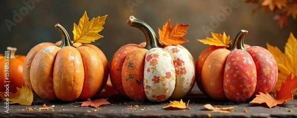 Fototapeta Charming Patchwork Pumpkins Whimsical Autumn Decor with Colorful Fabric and Yarn
