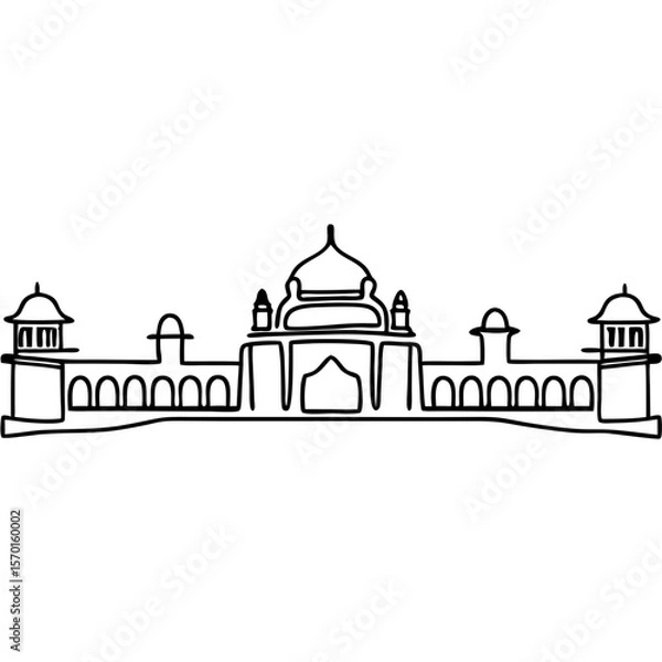 Fototapeta Showcasing Indore architecture, a one-line drawing of historical landmark. This Indore skyline outline features historical and cultural landmarks for travel and architectural designs.