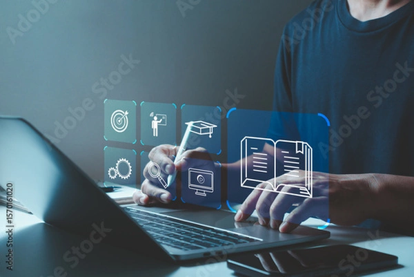 Fototapeta E-learning and online education concept with man using laptop and digital icons for virtual study and training.  Online course, virtual classroom, distance learning, and modern educational technology.