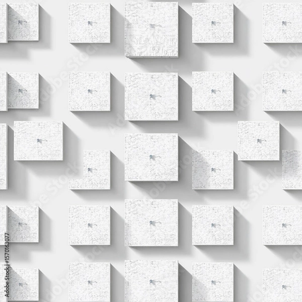 Fototapeta Illustration 3d rendering of white cubes. Seamless geometric pattern with white faintly patterned irregular squares.