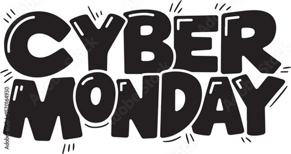 Fototapeta CYBER MONDAY Hand-drawn Style text Graphic black silhouette vector, Simple silhouette Design vector icon with Transparent background. A bold, stylized font text, Perfect for Sales Promotions