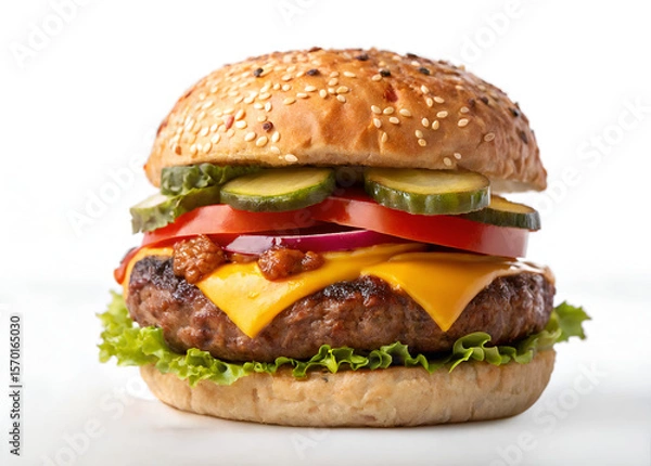 Fototapeta delicious fast food, burger, hamburger, cheeseburger, isolated on white background, full depth of field, clipping path