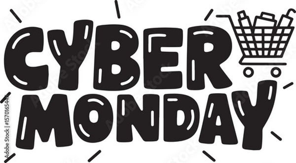 Fototapeta CYBER MONDAY Hand-drawn Style text Graphic black silhouette vector, Simple silhouette Design vector icon with Transparent background. A bold, stylized font text, Perfect for Sales Promotions