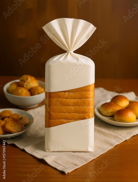 Fototapeta white bread bag on table with other bread