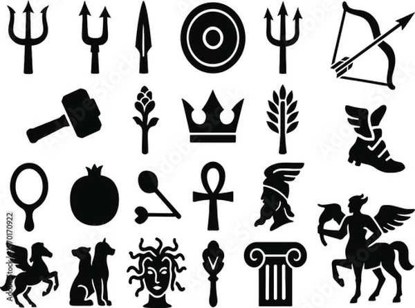 Fototapeta Ancient Mythology Icons. Bold Black Silhouettes of Greek and Roman Symbols, Gods, Goddess, Heroes and Legendary Objects in Solid Vector Style Editable Icon Set Collection.