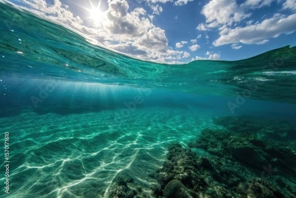 Fototapeta Sunlit ocean surface and underwater seabed image