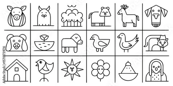 Fototapeta Collection of simple line art icons featuring farm animals and nature elements isolated on white background