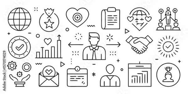 Fototapeta Collection of business and success icons representing growth achievement and teamwork isolated on white background