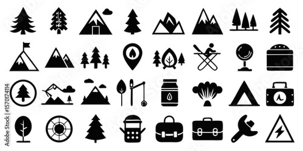 Fototapeta Collection of outdoor camping and adventure icons featuring trees mountains tents and gear isolated on white background