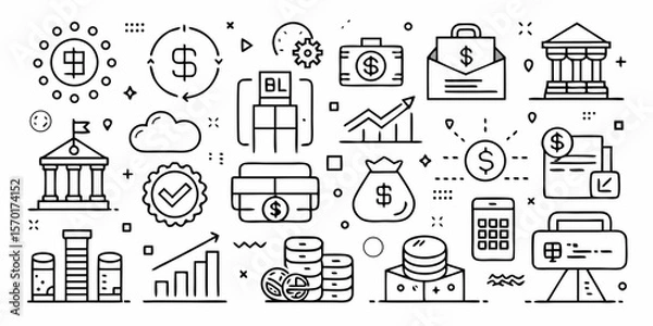 Fototapeta Collection of financial icons representing banking investment growth and business operations isolated on white background