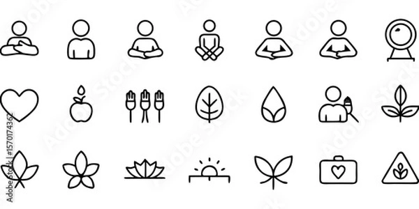 Fototapeta Collection of simple line art icons representing wellness health and nature isolated on white background