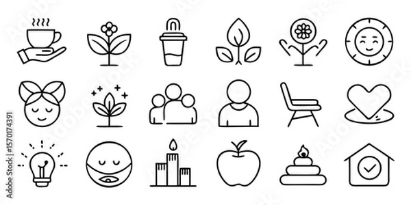 Fototapeta Collection of simple line art icons representing wellness self care and healthy lifestyle elements isolated on white background