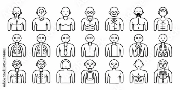 Fototapeta Collection of stylized human body icons with internal organs and medical elements isolated on white background