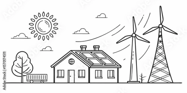 Fototapeta Eco friendly house with solar panels and wind turbines generating clean energy isolated on white background