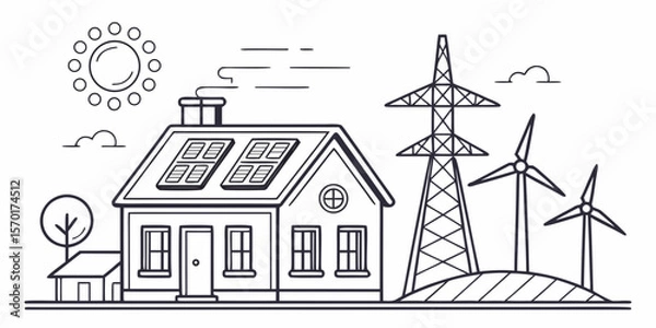 Fototapeta Modern house with solar panels and wind turbines representing renewable energy sources isolated on white background