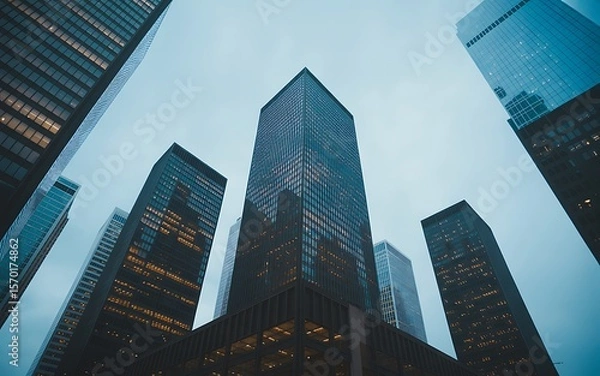 Fototapeta Skyscrapers reaching towards the sky presents the modern architecture of a thriving urban metropolis, reflecting business and finance.